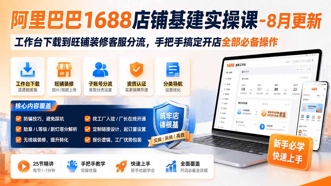 阿里巴巴1688店铺基建实操课-8月更新;工作台下载到旺铺装修客服分流,手把手搞定开店全部必备操作-迦哆网创社