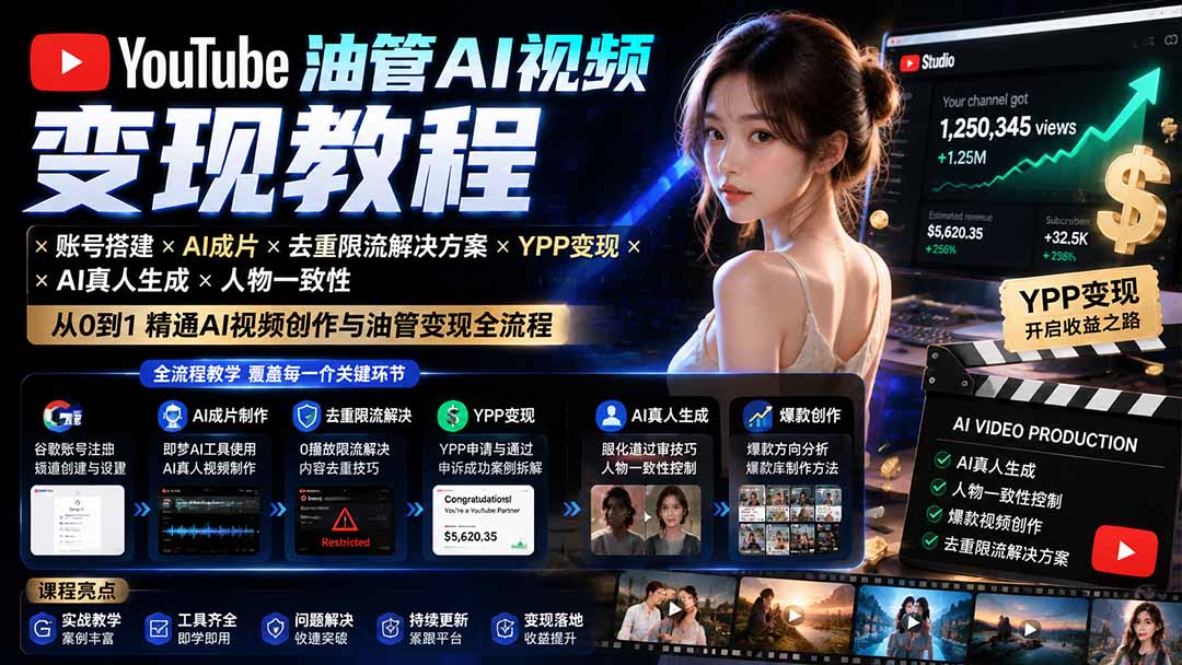 YouTube油管AI视频变现教程-更新:账号搭建×AI成片×去重限流解决方案×YPP变现×AI真人生成×人物一致性-迦哆网创社