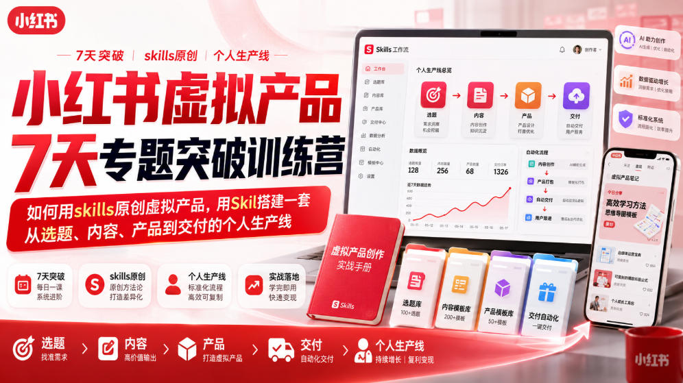 小红书虚拟产品7天专题突破训练营,如何用skills原创虚拟产品,用Skil搭建一套从选题、内容、产品到交付的个人生产线-迦哆网创社