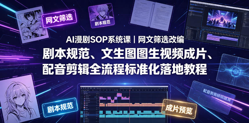 AI漫剧SOP系统课｜网文筛选改编、剧本规范、文生图图生视频成片、配音剪辑全流程标准化落地教程(更新0810)-迦哆网创社