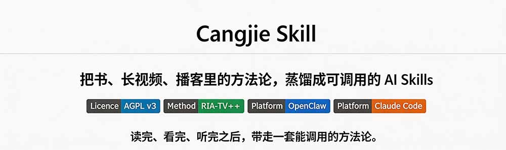 图片[1]-全网走红！GitHub上6.7K Star的开源项目，把任何书、长视频、播客蒸馏成AI工具，值得收藏 cangjie-skill-迦哆网创社