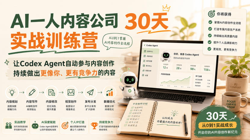 AI一人内容公司30天实战训练营,让Codex Agent自动参与内容创作持续做出更像你、更有竞争力的内容-迦哆网创社