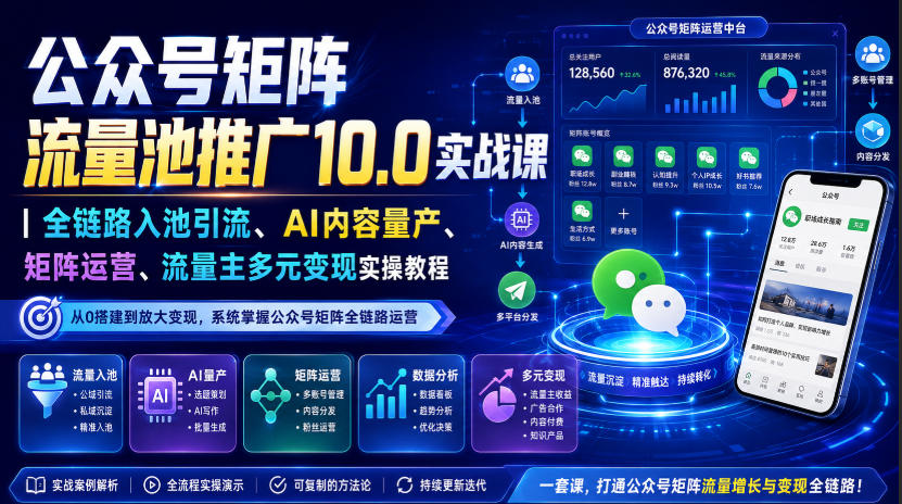 公众号矩阵流量池推广10.0实战课|全链路入池引流、AI内容量产、矩阵运营、流量主多元变现实操教程-迦哆网创社