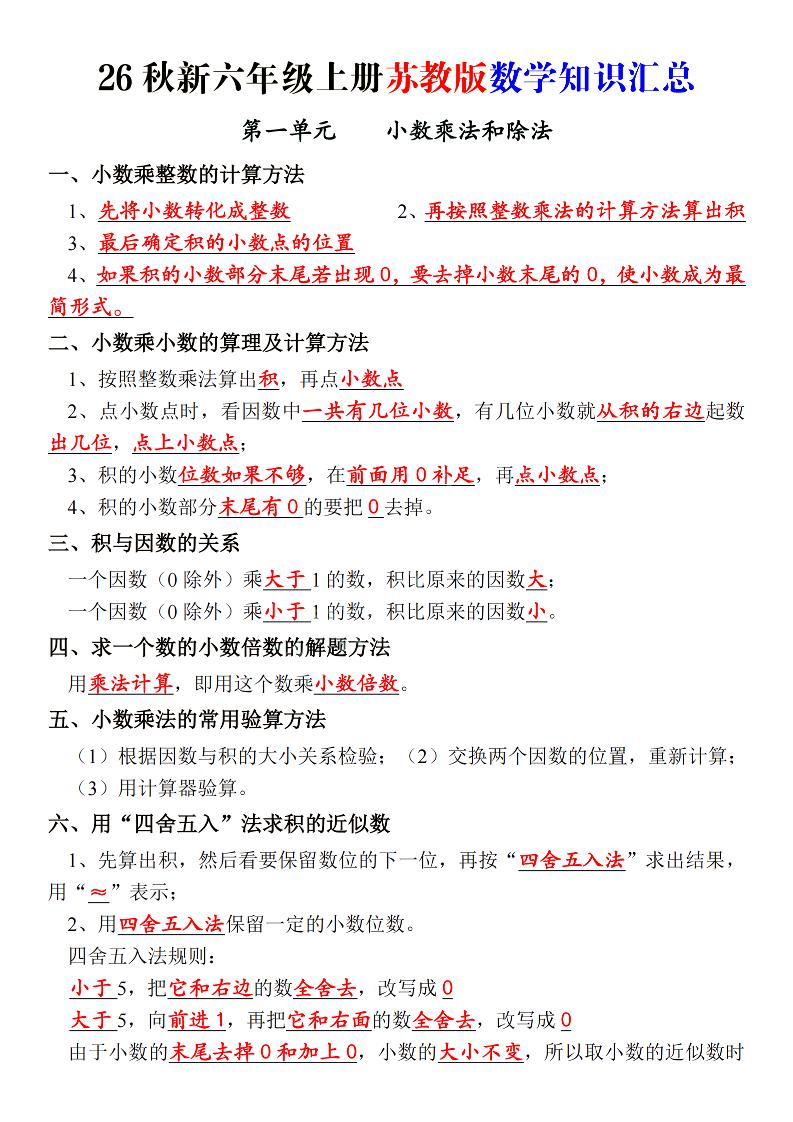 26秋新六上苏教版数学知识汇总_-迦哆网创社