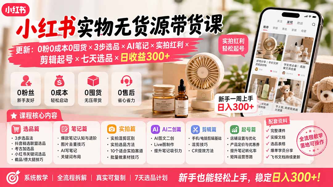 小红书实物无货源带货课-更新:0粉0成本0囤货×3步选品×AI笔记×实拍红利×剪辑起号×七天选品×日收益300+-迦哆网创社
