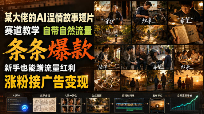 某大佬的AI温情故事短片赛道教学,自带自然流量,条条爆款,新手也能蹭流量红利,涨粉接广告变现-迦哆网创社