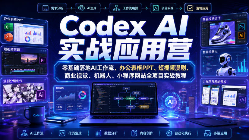 Codex AI实战应用营|零基础落地AI工作流,办公表格PPT、短视频漫剧、商业视觉、机器人、小程序网站全项目实战教程-迦哆网创社