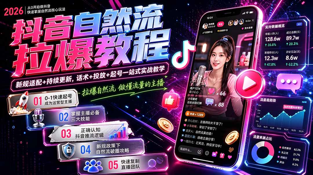 抖音自然流拉爆教程-更新8月:做懂流量的主播,新规适配+持续更新,话术+投放+起号一站式实战教学-迦哆网创社