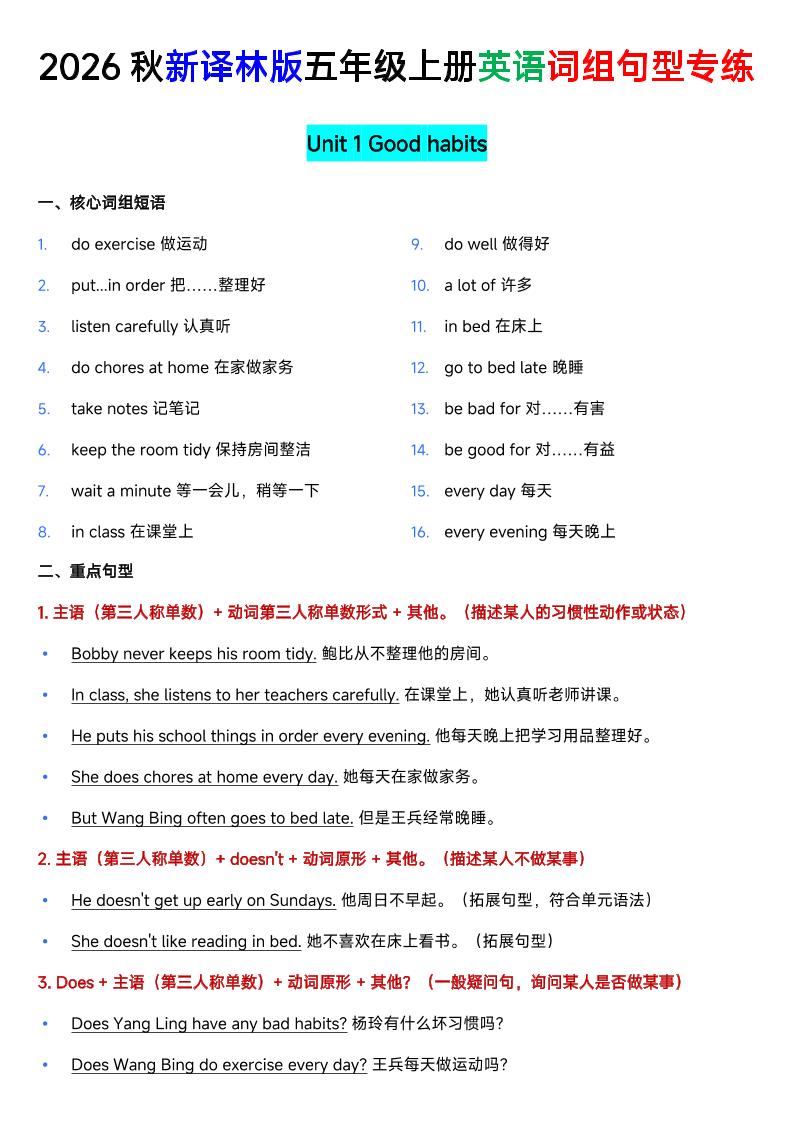 新译林版五年级上册英语U1-U8词组句型专项训练-迦哆网创社