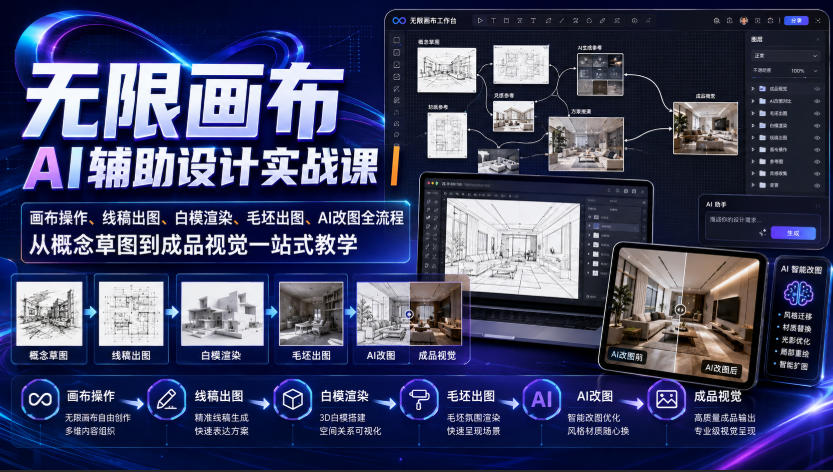 无限画布AI辅助设计实战课｜画布操作、线稿出图、白模渲染、毛坯出图、AI改图全流程，从概念草图到成品视觉一站式教学-迦哆网创社