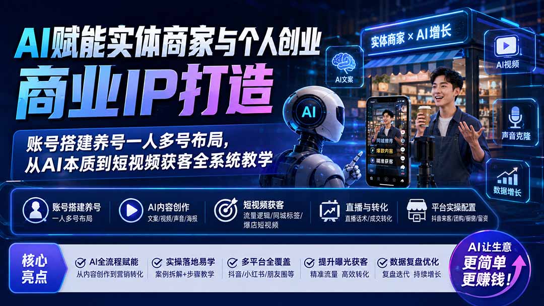 AI赋能实体商家与个人创业商业IP打造;账号搭建养号一人多号布局,从AI本质到短视频获客全系统教学-迦哆网创社