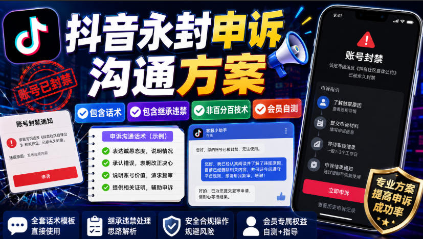 抖音永封申诉沟通方案，包含话术，包含继承违禁，非百分百技术，会员自测-迦哆网创社