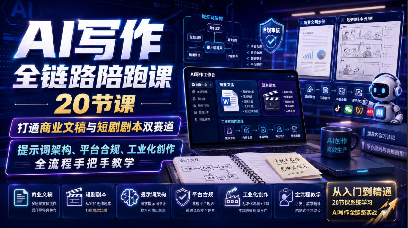 AI写作全链路陪跑课｜20节课打通商业文稿与短剧剧本双赛道，提示词架构、平台合规、工业化创作全流程手把手教学-迦哆网创社