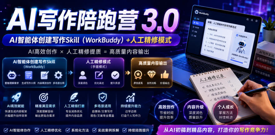 AI写作陪跑营3.0,Ai智能体创建写作skill(workbuddy)+人工手写模式(手搓模式),去除AI痕迹(头条号、公众号、百家号)(更新0814)-迦哆网创社