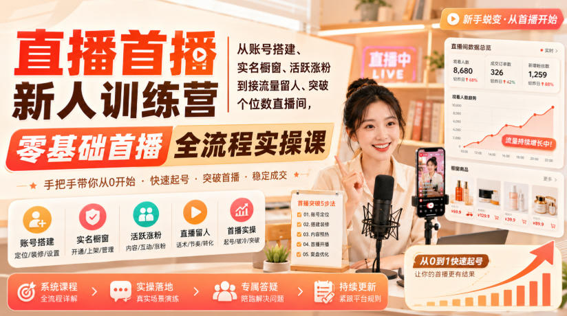 直播首播新人训练营｜从账号搭建、实名橱窗、活跃涨粉到接流量留人、突破个位数直播间，零基础首播全流程实操课-迦哆网创社
