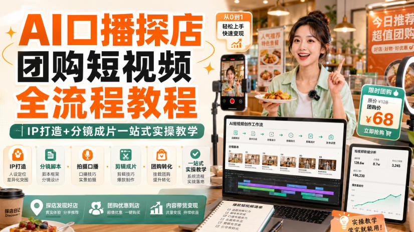 AI口播探店团购短视频全流程教程|IP打造+分镜成片一站式实操教学-迦哆网创社