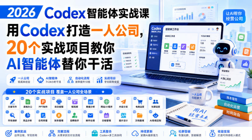 2026 Codex智能体实战课，用Codex打造一人公司，20个实战项目教你AI智能体替你干活-迦哆网创社