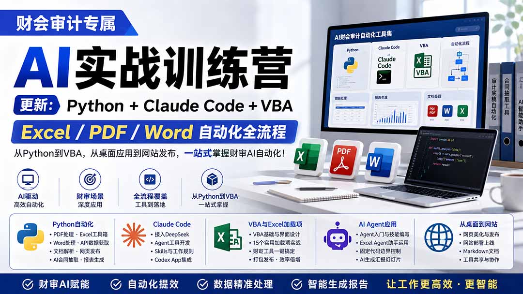 财会审计专属 AI实战训练营：Python+Claude Code+VBA，Excel/PDF/Word自动化全流程 (更新-迦哆网创社