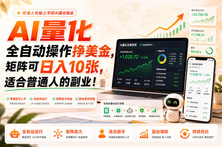 AI量化全自动操作挣美金，矩阵可日入10张，适合普通人的副业！【揭秘】-迦哆网创社
