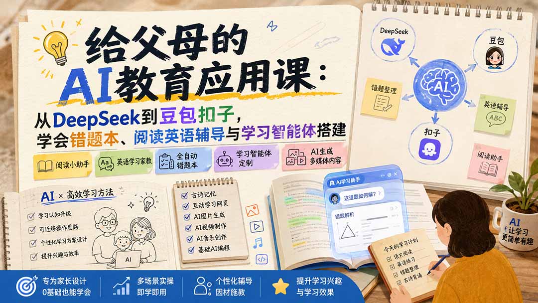 给父母的AI教育应用课：从DeepSeek到豆包扣子，学会错题本、阅读英语辅导与学习智能体搭建-迦哆网创社