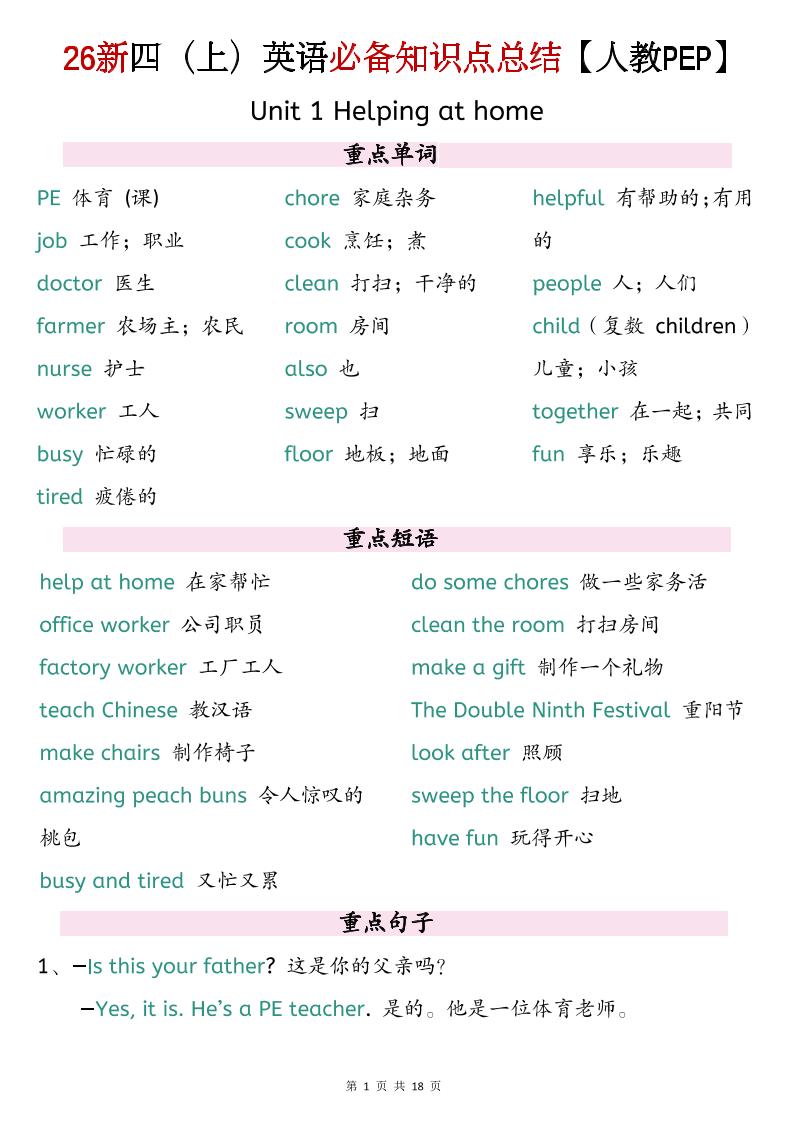 26新四上英语必背知识点总结《人教PEP版》-迦哆网创社