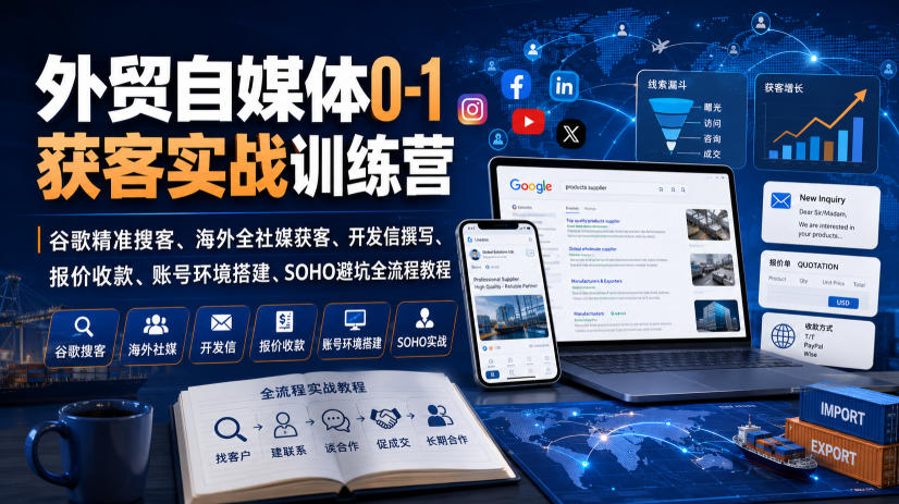 外贸自媒体0-1获客实战训练营｜谷歌精准搜客、海外全社媒获客、开发信撰写、报价收款、账号环境搭建、SOHO避坑全流程教程(更新)-迦哆网创社