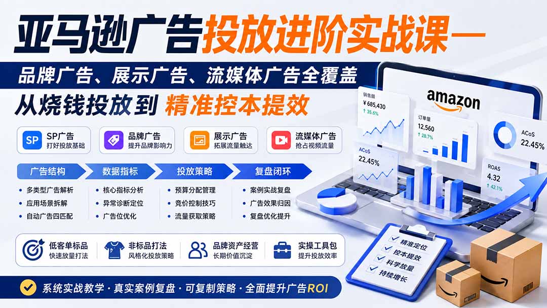 亚马逊广告投放进阶实战课——品牌广告、展示广告、流媒体广告全覆盖，从烧钱投放到精准控本提效-迦哆网创社
