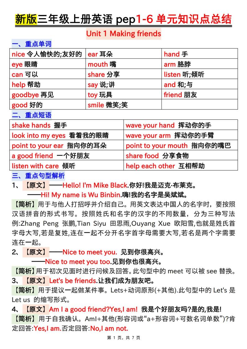 新版三上英语1-6单元知识点总结（人教PEP）7页-迦哆网创社