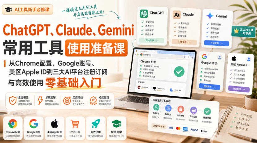 ChatGPT、Claude、Gemini常用工具使用准备课｜从Chrome配置、Google账号、美区Apple ID到三大AI平台注册订阅与高效使用零基础入门-迦哆网创社
