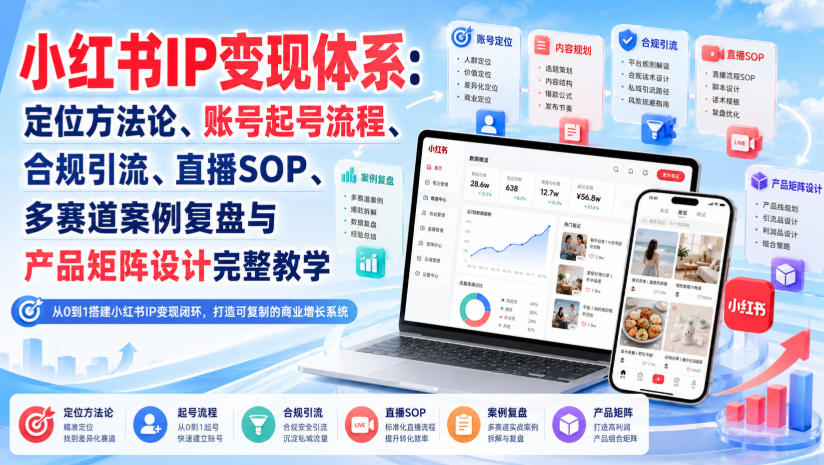 小红书IP变现体系：定位方法论、账号起号流程、合规引流、直播SOP、多赛道案例复盘与产品矩阵设计完整教学-迦哆网创社
