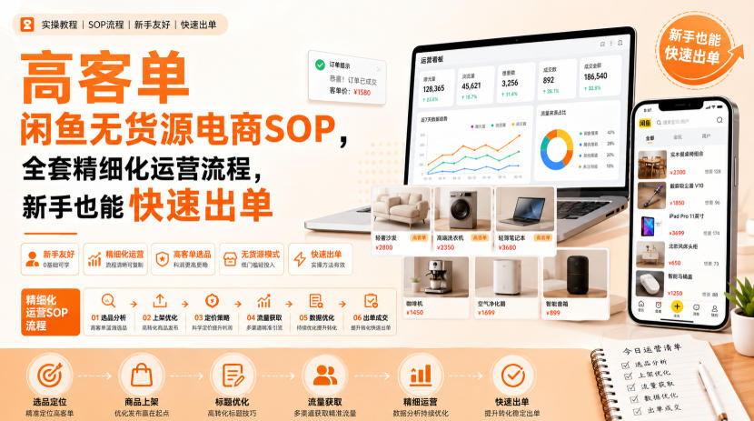 高客单闲鱼无货源电商SOP,全套精细化运营流程,新手也能快速出单-迦哆网创社