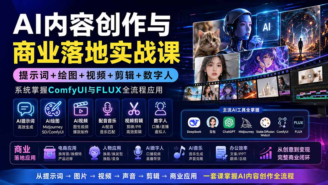 AI内容创作与商业落地实战课：提示词+绘图+视频+剪辑+数字人，系统掌握ComfyUI与FLUX全流程应用-迦哆网创社