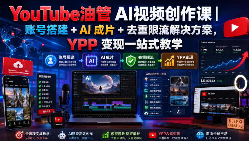 YouTube油管AI视频创作课｜账号搭建+AI成片+去重限流解决方案，YPP变现一站式教学(更新0817)-迦哆网创社