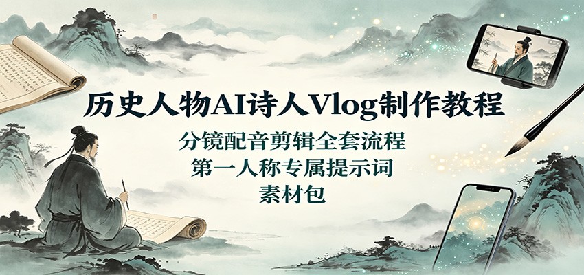 历史人物AI诗人Vlog制作教程：分镜配音剪辑全套流程，第一人称专属提示词素材包-迦哆网创社