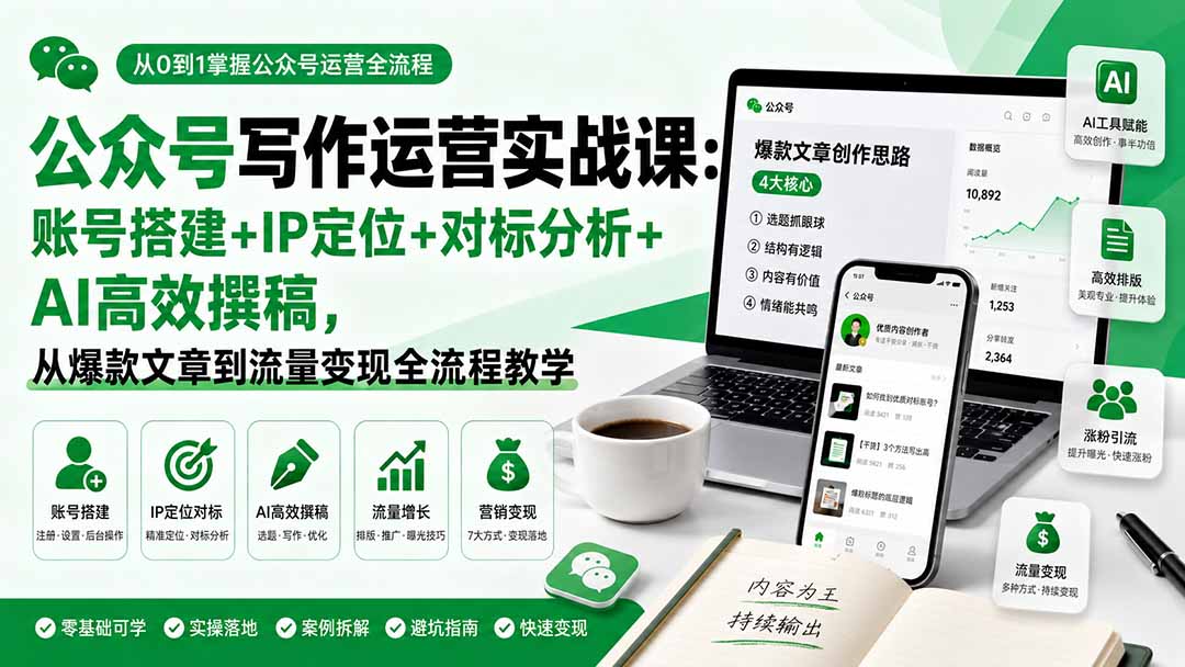 公众号写作运营实战课：账号搭建+IP定位+对标分析+AI高效撰稿，从爆款文章到流量变现全流程教学-迦哆网创社