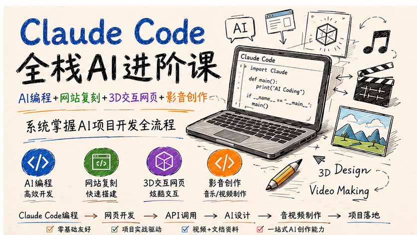 Claude Code全栈AI进阶课;AI编程+网站复刻+3D交互网页+影音创作,系统掌握AI项目开发全流程-迦哆网创社