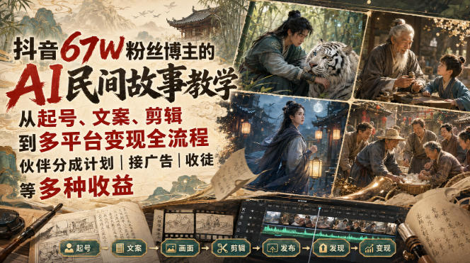 抖音67W粉丝博主的AI民间故事教学,从起号、文案、剪辑到多平台变现全流程,伙伴分成计划接广告等多种收益,月入1W+-迦哆网创社