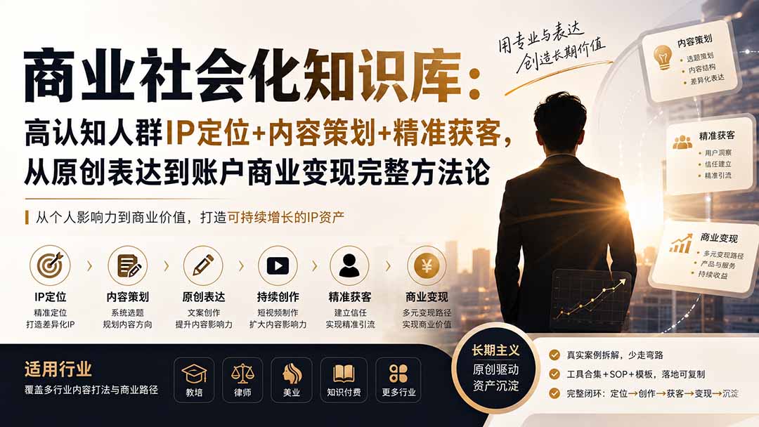 商业社会化知识库:高认知人群IP定位+内容策划+精准获客,从原创表达到账户商业变现完整方法论-迦哆网创社