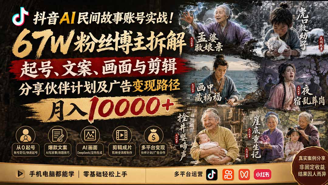 抖音AI民间故事账号实战！67W粉丝博主拆解起号、文案、画面与剪辑，分享伙伴计划及广告变现路径，月入10000+-迦哆网创社
