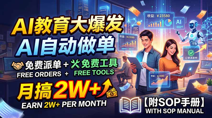 AI教育大爆发,AI自动做单,免费派单+免费工具,月搞2W+【附SOP手册】-迦哆网创社