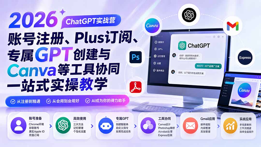 2026 ChatGPT实战营；账号注册、Plus订阅、专属GPT创建与Canva等工具协同一站式实操教学-迦哆网创社