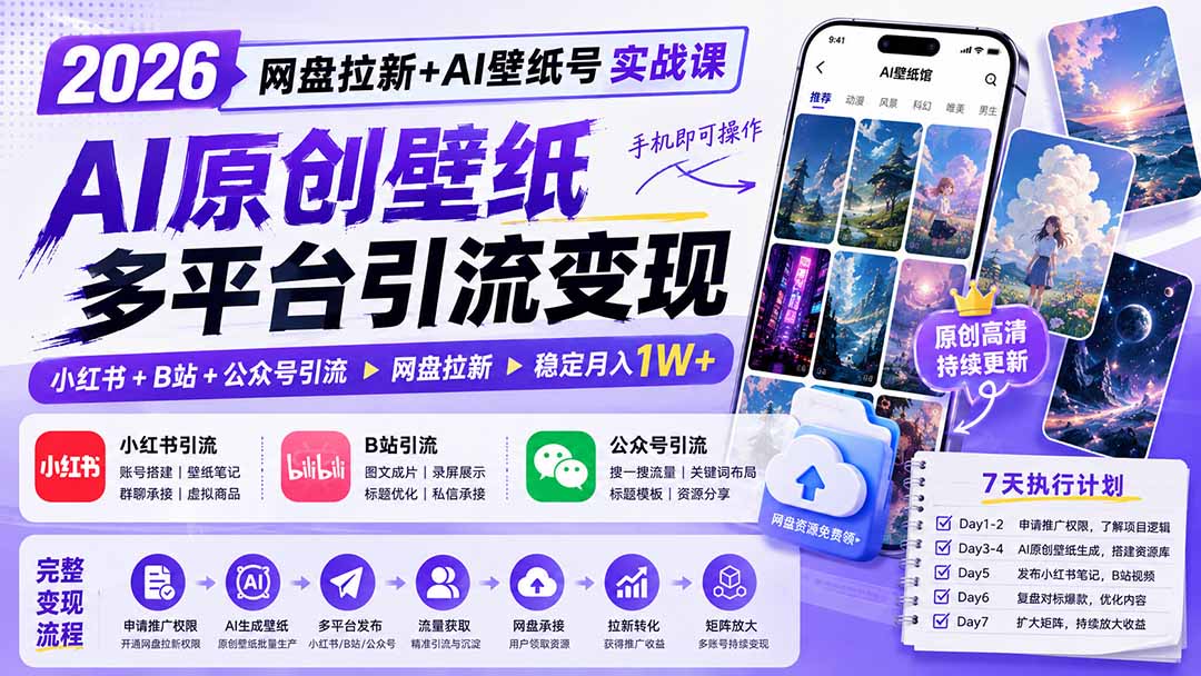 2026网盘拉新+AI壁纸号实战课:AI原创壁纸+小红书+B站+公众号引流,手机即可操作,月入1W+-迦哆网创社