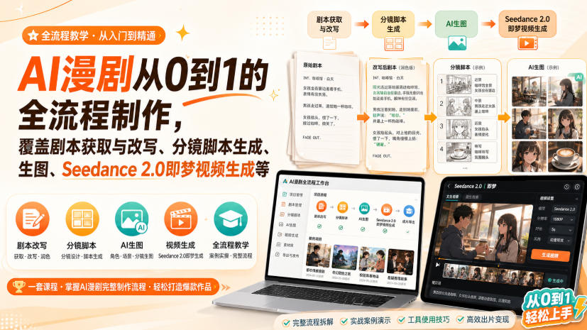 AI漫剧从0到1的全流程制作,覆盖剧本获取与改写、分镜脚本生成、角色场景生图与三视图、Seedance 2.0即梦视频生成(PDF版)-迦哆网创社