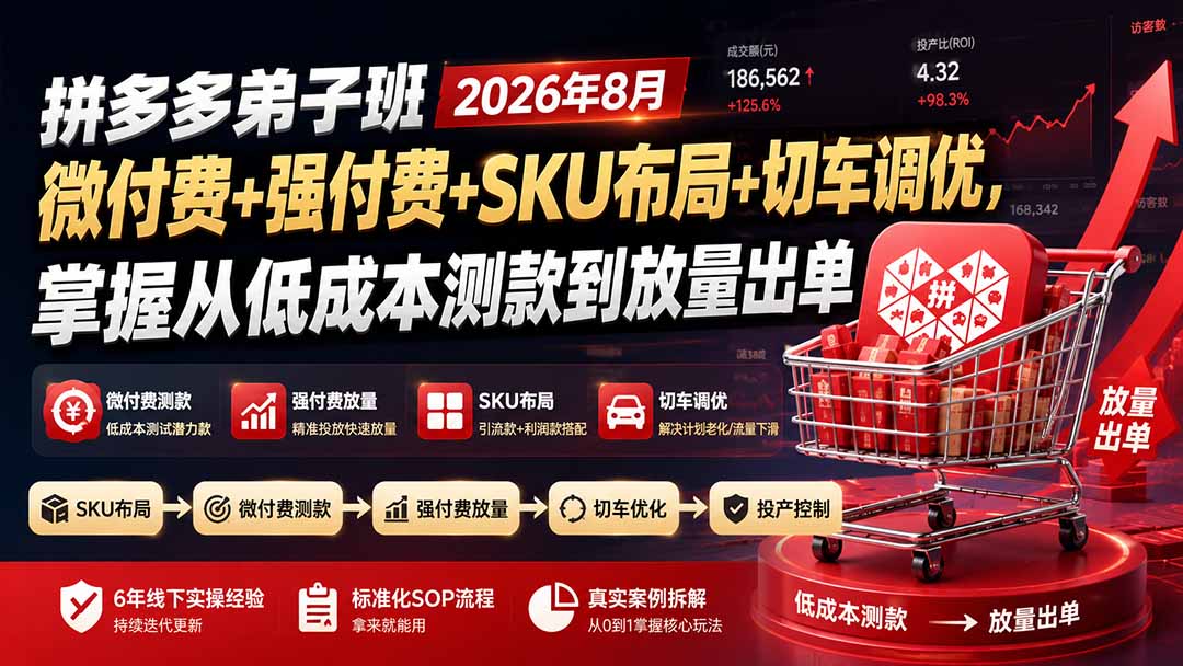 拼多多弟子班2026年8月：微付费+强付费+SKU布局+切车调优，掌握从低成本测款到放量出单-迦哆网创社