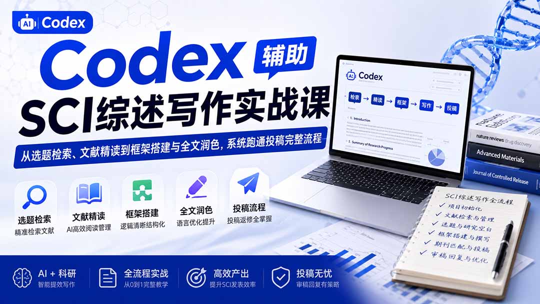 Codex辅助SCI综述写作实战课——从选题检索、文献精读到框架搭建与全文润色,系统跑通投稿完整流程-迦哆网创社