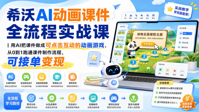 希沃AI动画课件全流程实战课|用AI把课件做成可点击互动的动画游戏,从0到1跑通课件制作流程,可接单变现-迦哆网创社