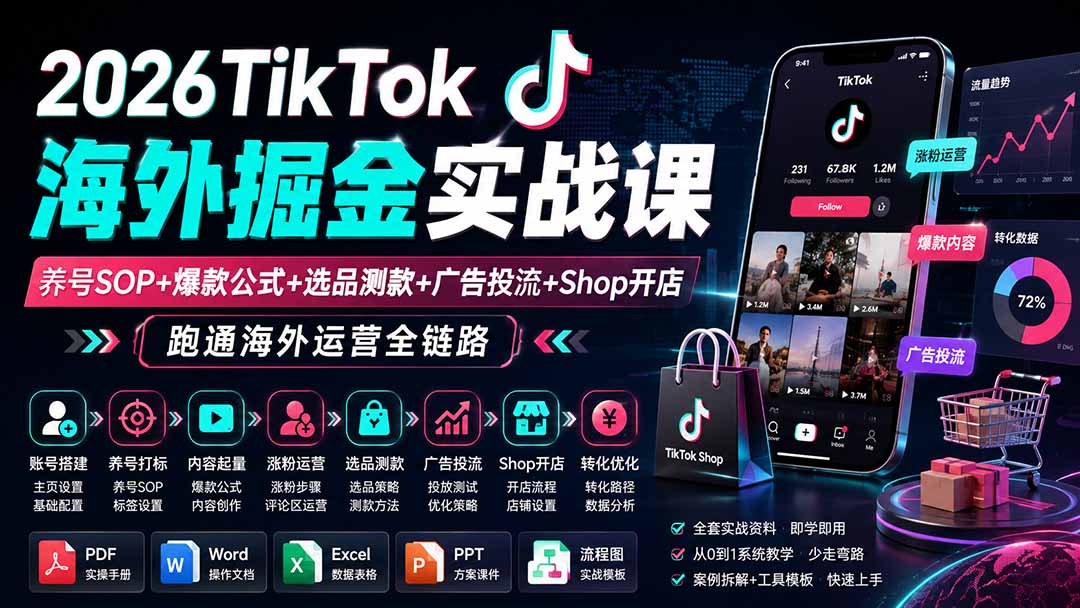 2026TikTok海外掘金实战课——养号SOP+爆款公式+选品测款+广告投流+Shop开店,跑通海外运营全链路-迦哆网创社