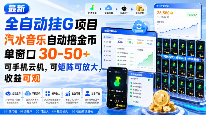 最新全自动挂G项目，汽水音乐自动撸金币单窗口30-50+，可手机云机，可矩阵可放大，收益可观-迦哆网创社