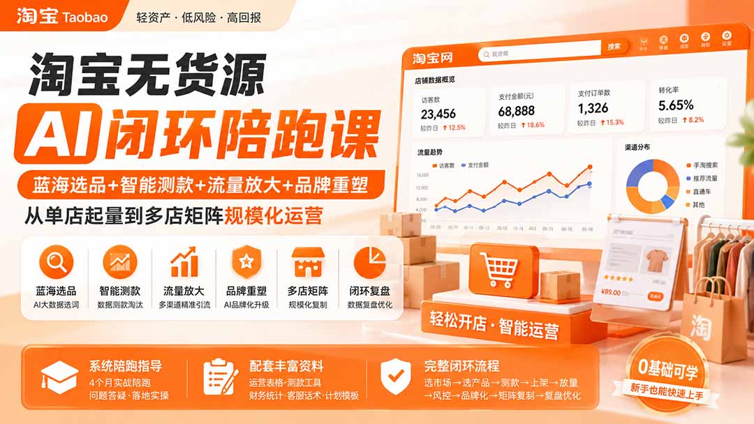 淘宝无货源AI闭环陪跑课:蓝海选品+智能测款+流量放大+品牌重塑,从单店起量到多店矩阵规模化运营-迦哆网创社