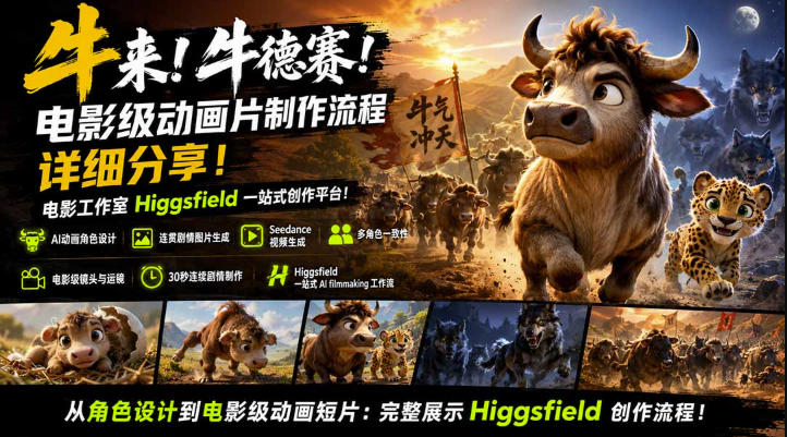 牛来！牛德赛！电影级动画片制作流程详细分享！电影工作室Higgsfield一站式创作平台，完整创作流程-迦哆网创社